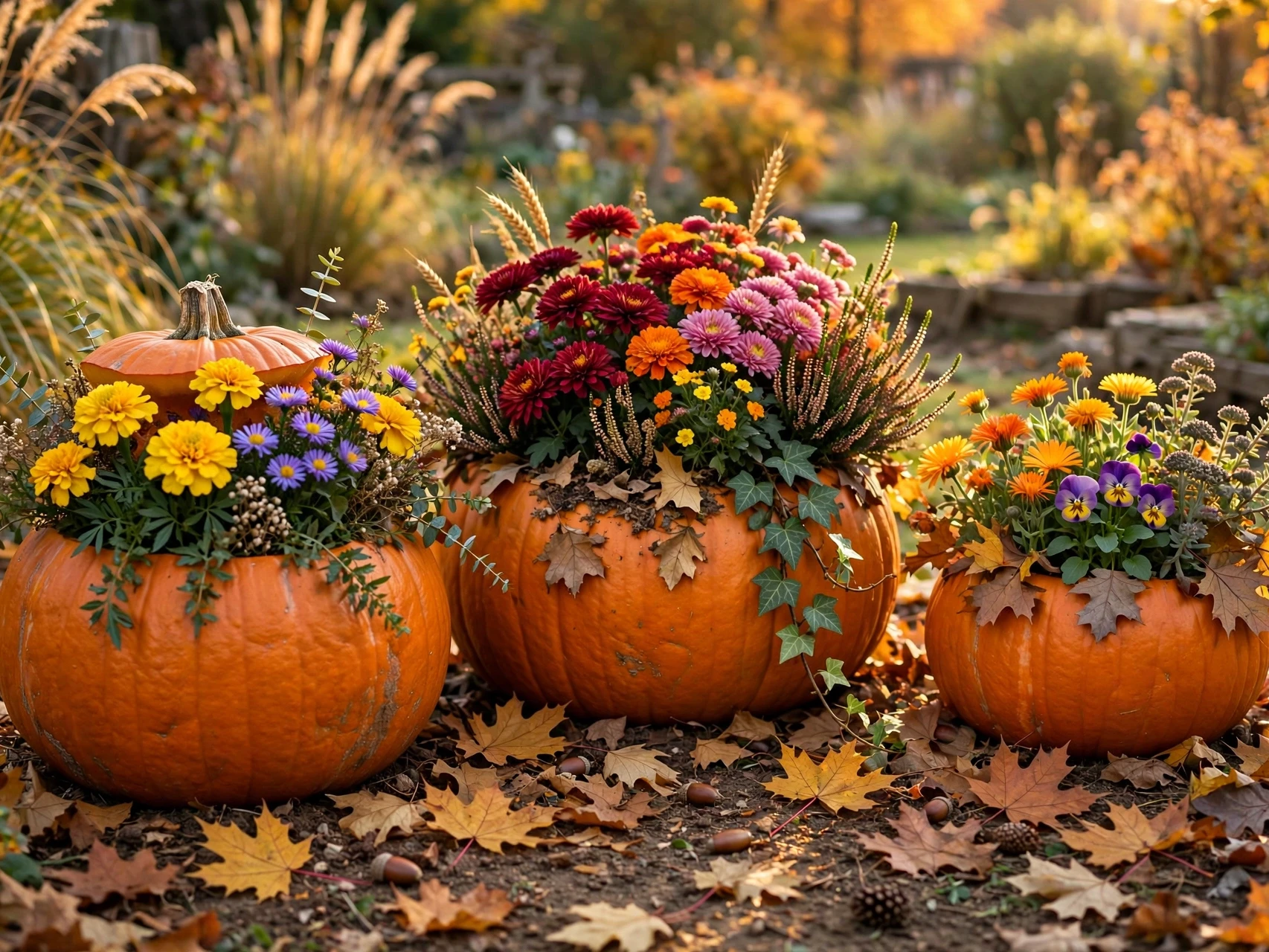 Pumpkin planters in a fall garden