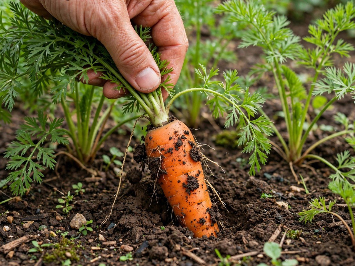 Feathery carrot tops with bright orange carrots in garden soil