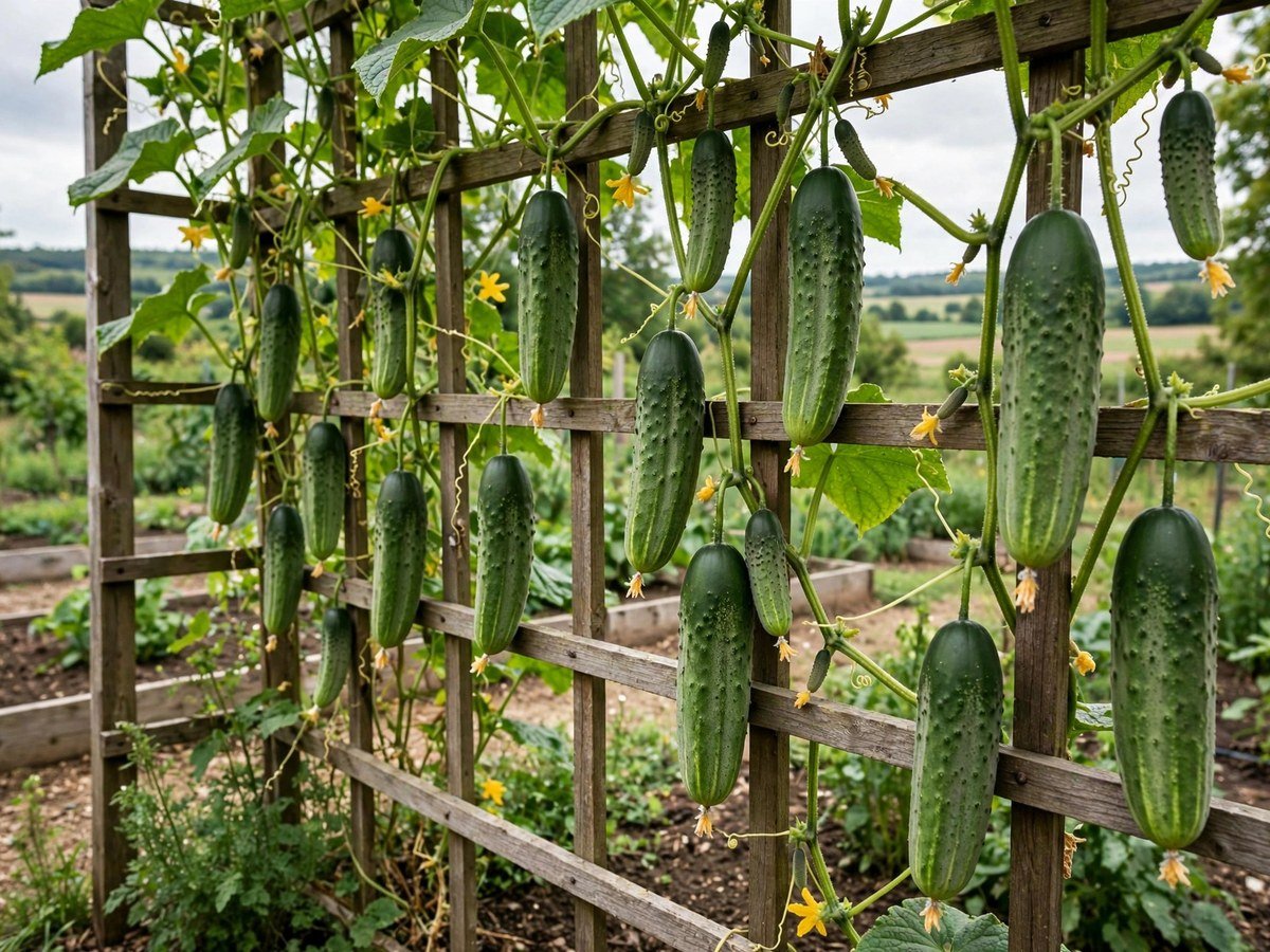 Fresh cucumbers hanging from vines on a wooden garden trellis
