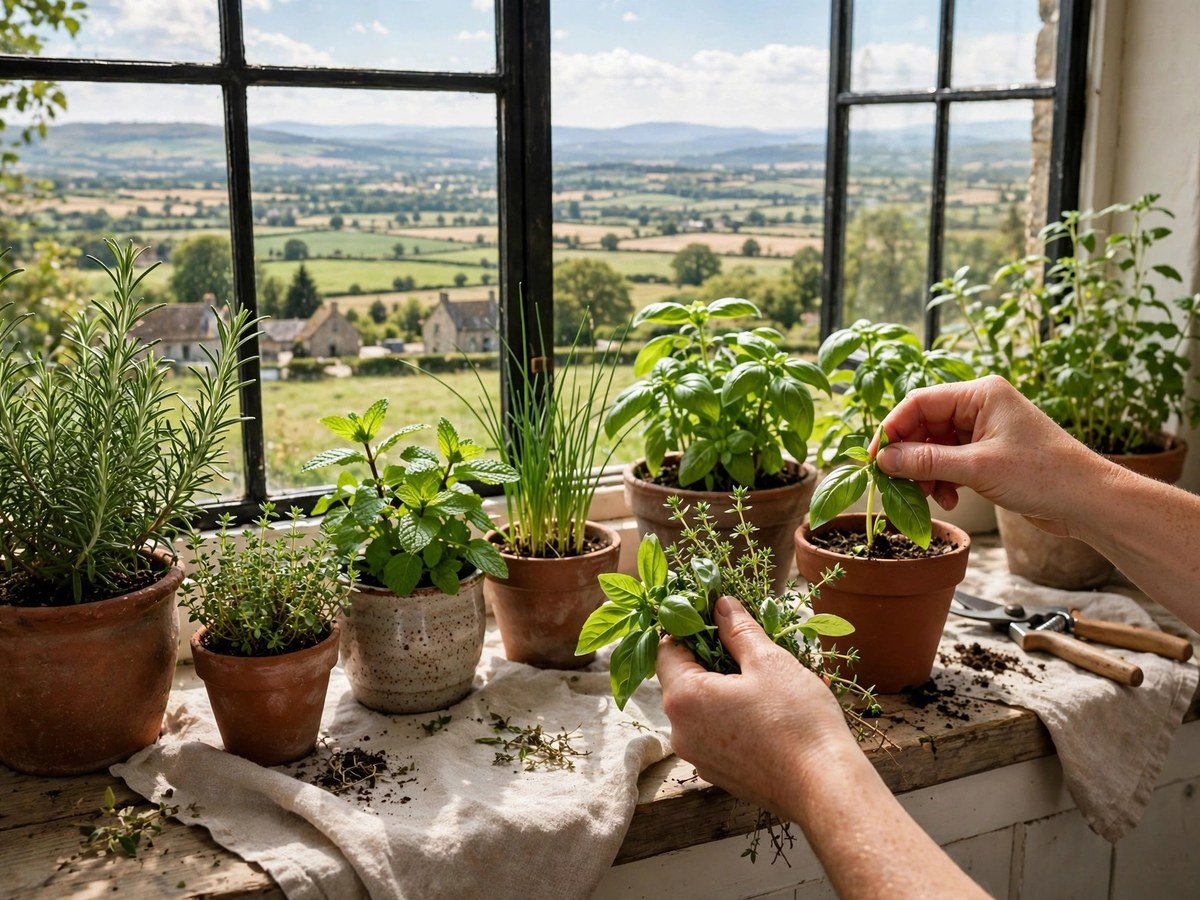 Culinary Herbs for Every Kitchen Hands harvesting fresh culinary herbs from potted plants on a sunny kitchen windowsill