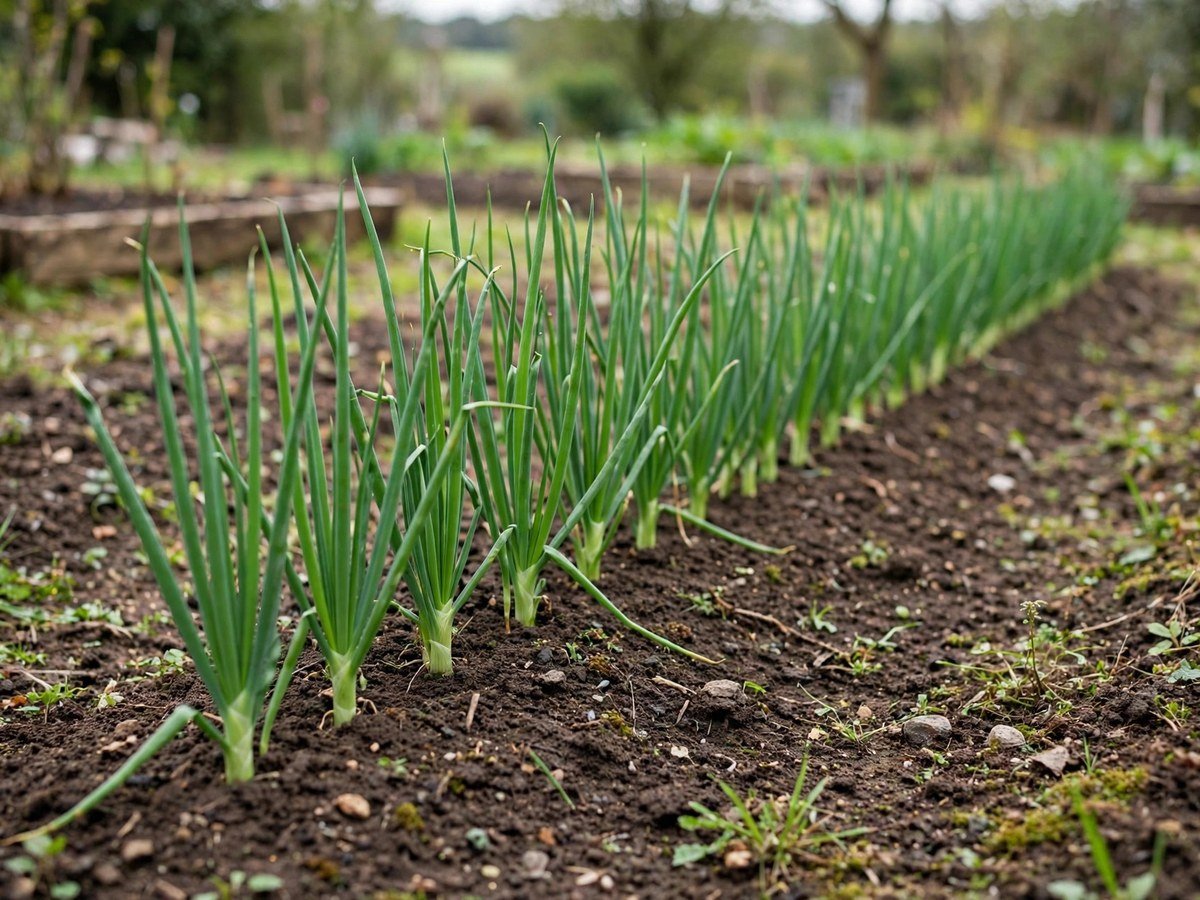 Green onions growing in a neat row in garden soil