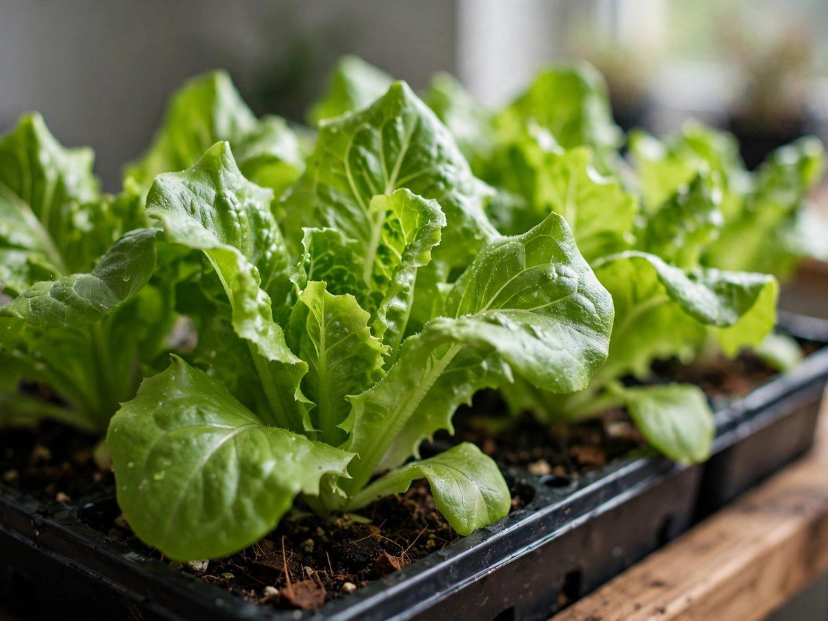 Crisp green lettuce leaves growing in a container indoors