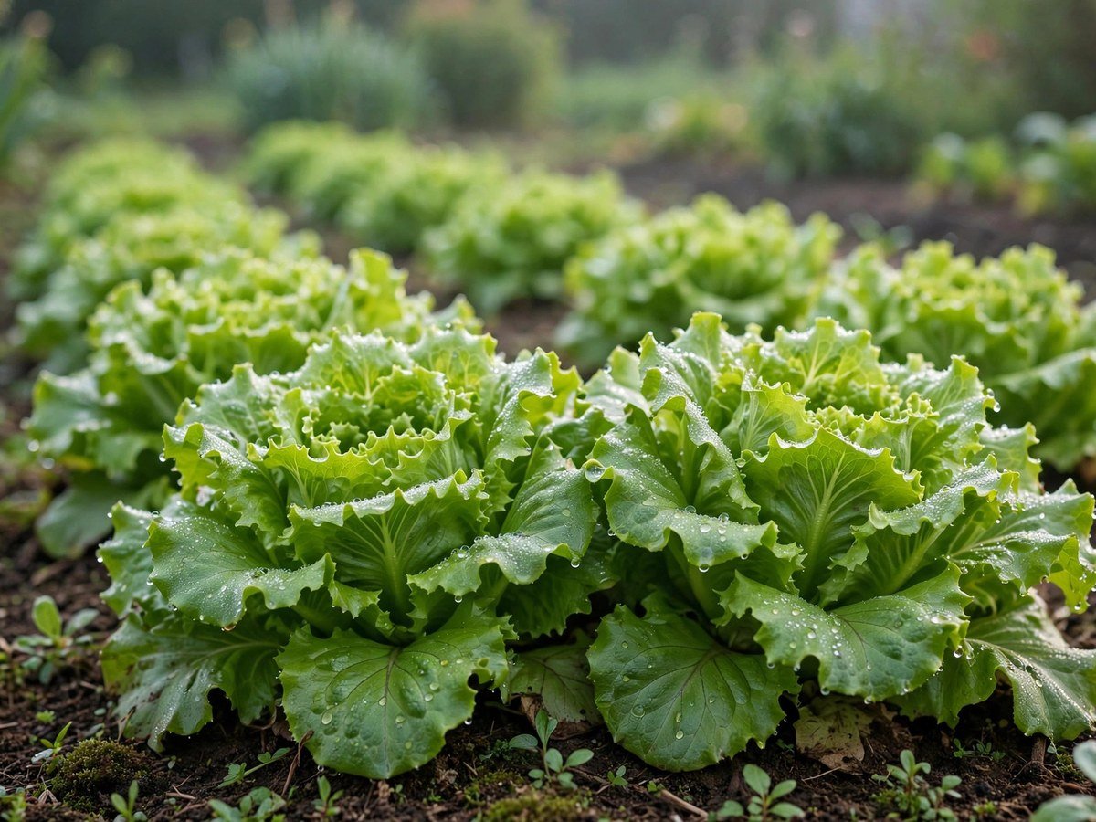 Fresh green lettuce heads growing in a garden row with morning dew