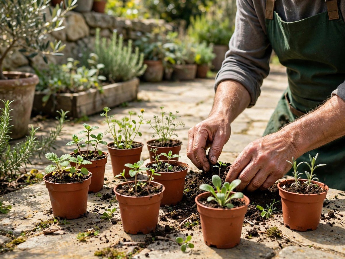 Easy Medicinal Plants for Small Gardens Hands tending medicinal herbs growing in pots in a small garden