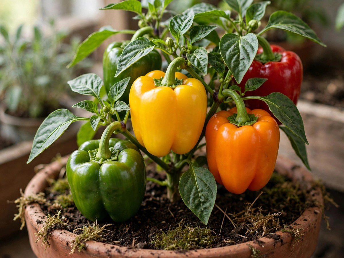 Colorful bell peppers growing on a compact plant in an indoor container