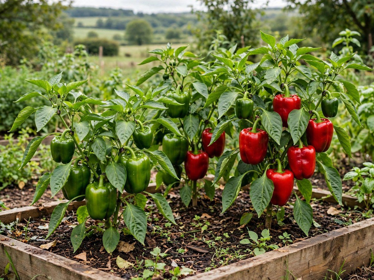 Colorful red and green bell peppers growing on garden plants