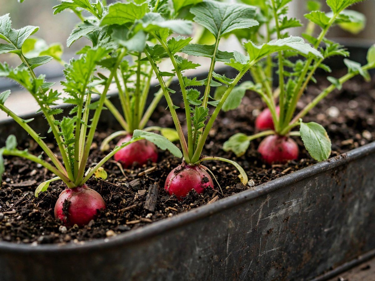Red radishes with green tops growing in a deep indoor planter