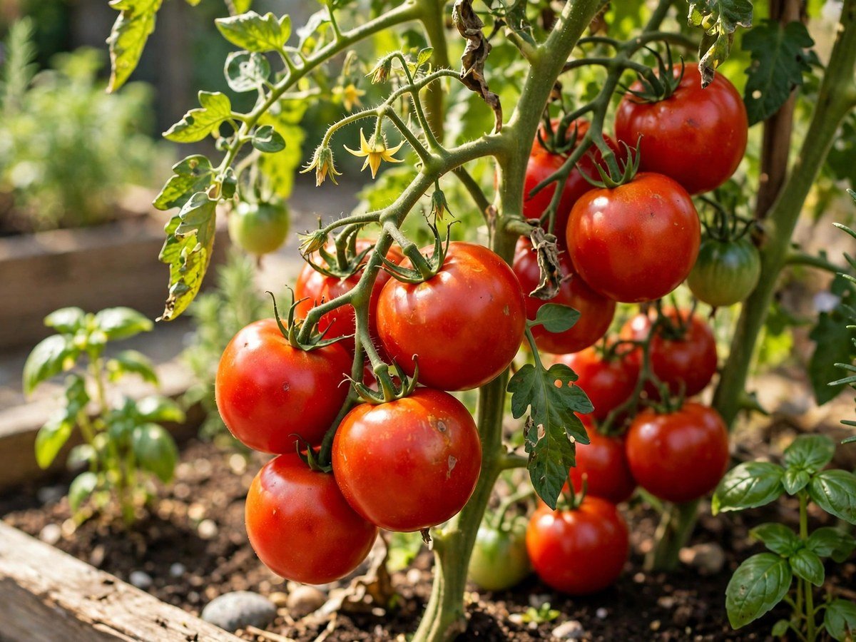 Ripe red tomatoes growing on the vine in a sunny kitchen garden