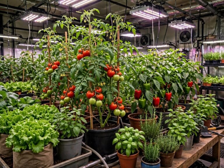 Thriving indoor vegetable garden with lettuce, tomatoes, peppers and herbs under grow lights
