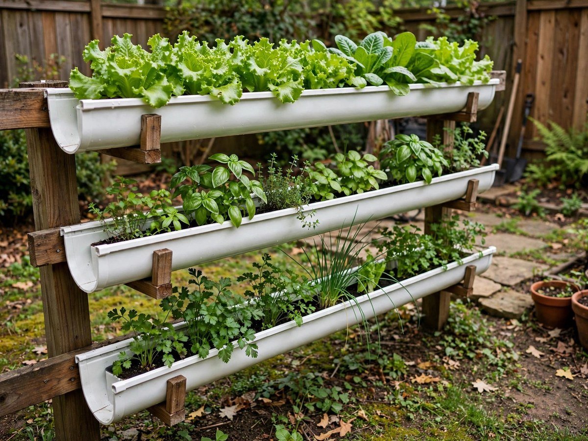 Rain gutters mounted on a rail growing lettuce and herbs