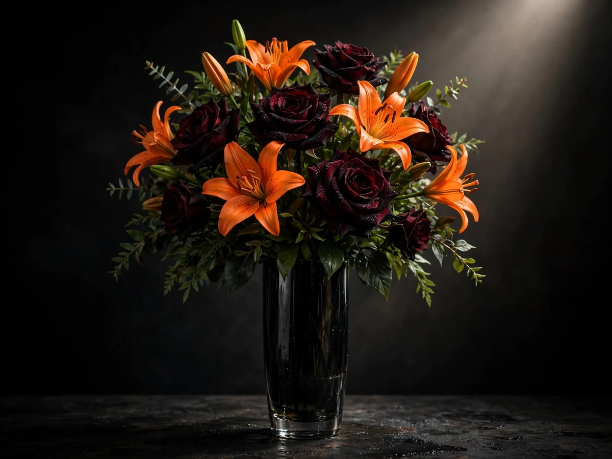 Halloween Flower Arrangements: 10 Spooky Bouquet Ideas Black Rose and Orange Lily Arrangement