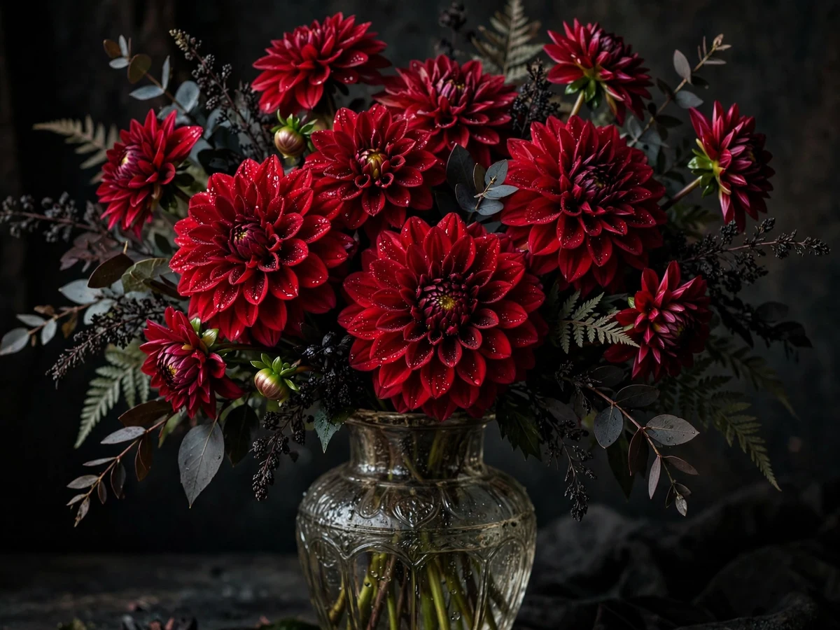 Halloween Flower Arrangements: 10 Spooky Bouquet Ideas Blood-Red Dahlia Bouquet