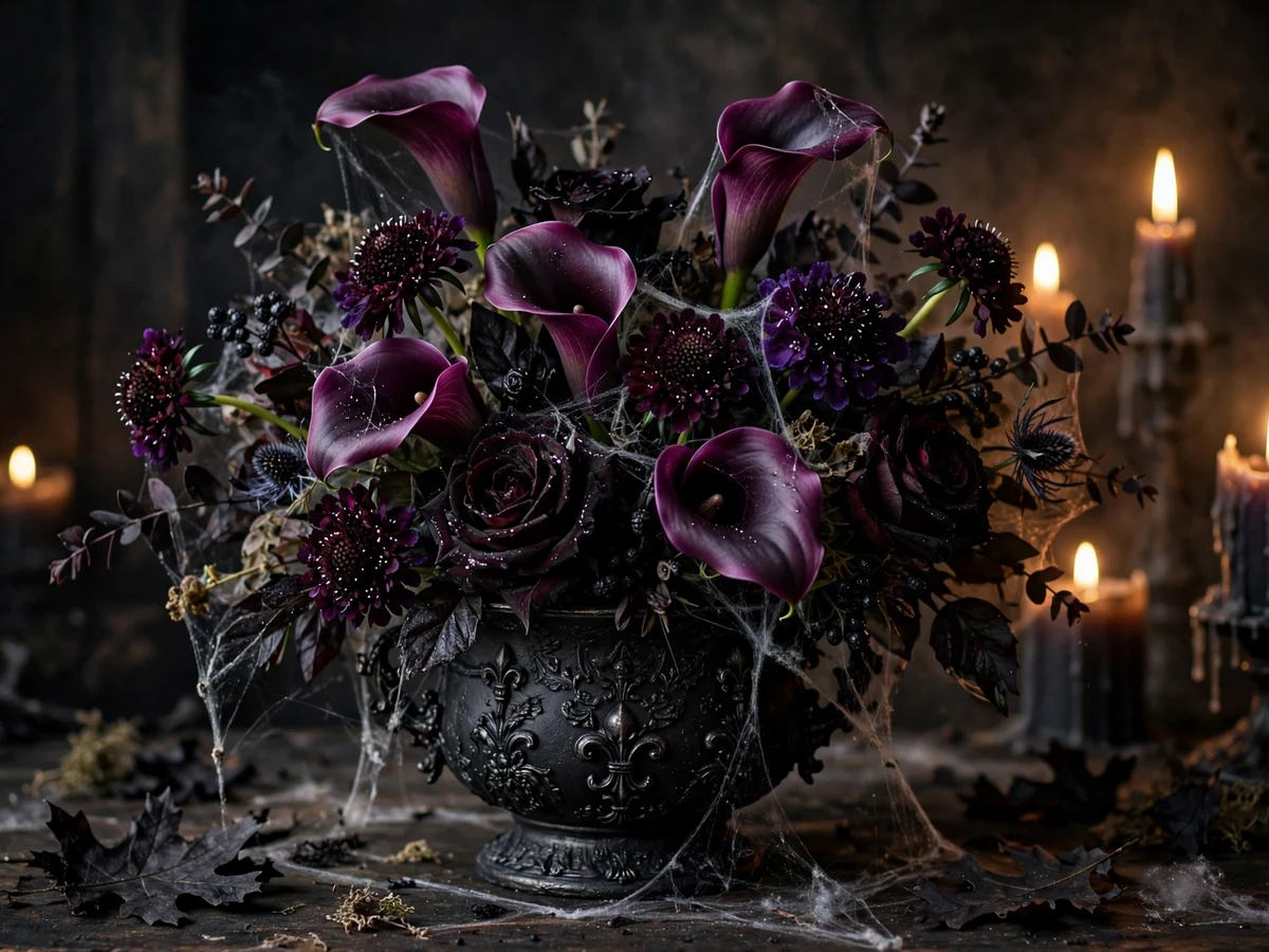 Halloween Flower Arrangements: 10 Spooky Bouquet Ideas Purple and Black Gothic Arrangement