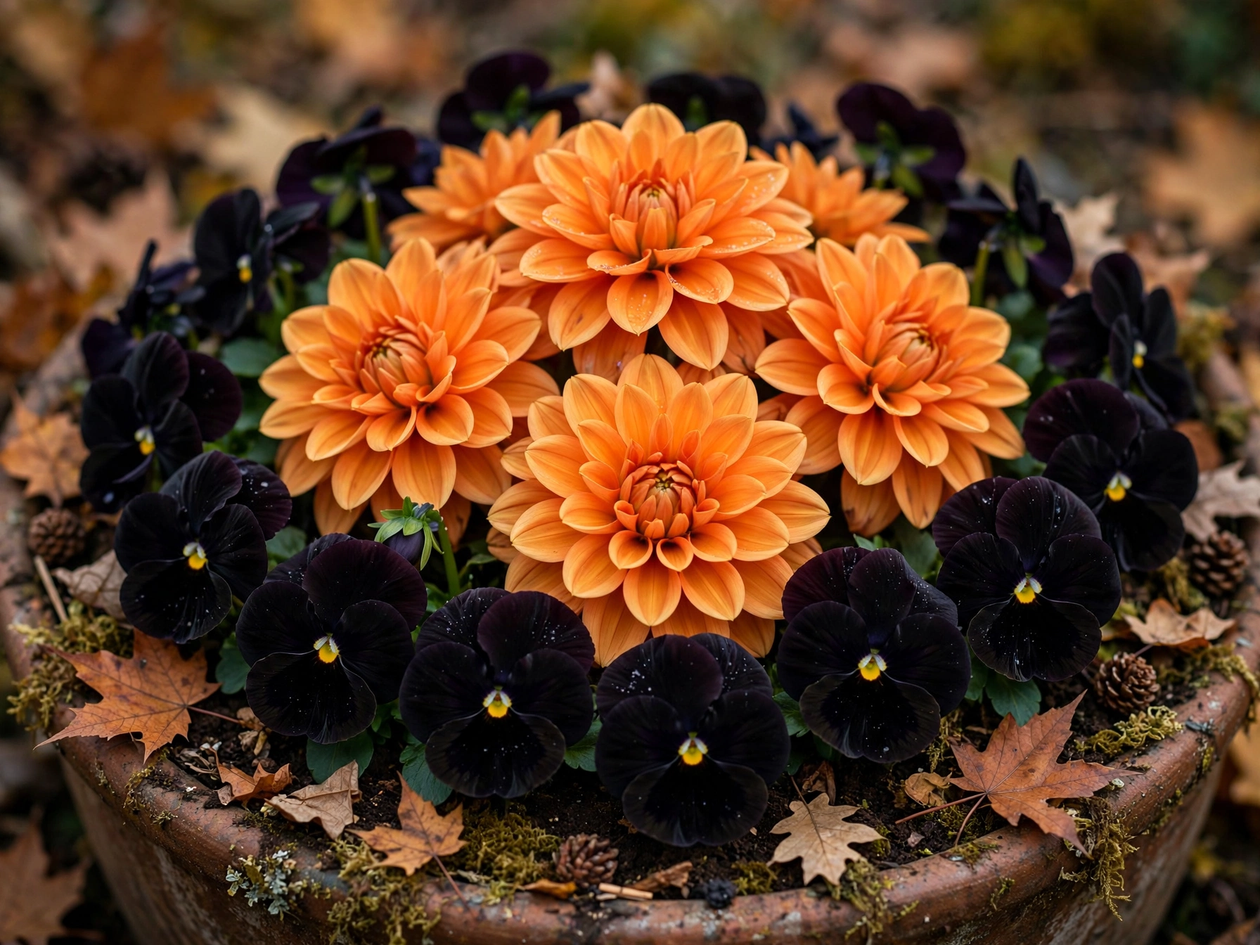 Halloween Porch Decor: 10 Orange & Black Plant Combos Orange Dahlia and Black Pansy