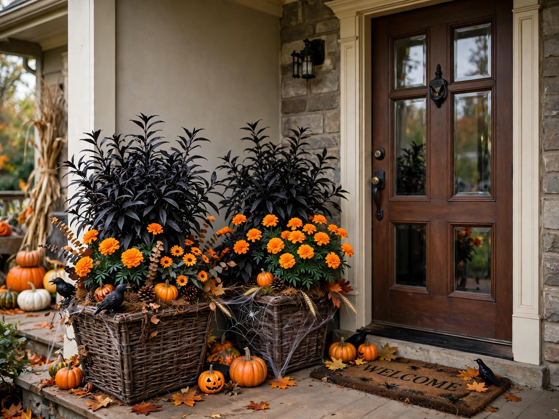 Halloween Porch Decor: 10 Orange & Black Plant Combos Halloween porch decorated with orange and black plants