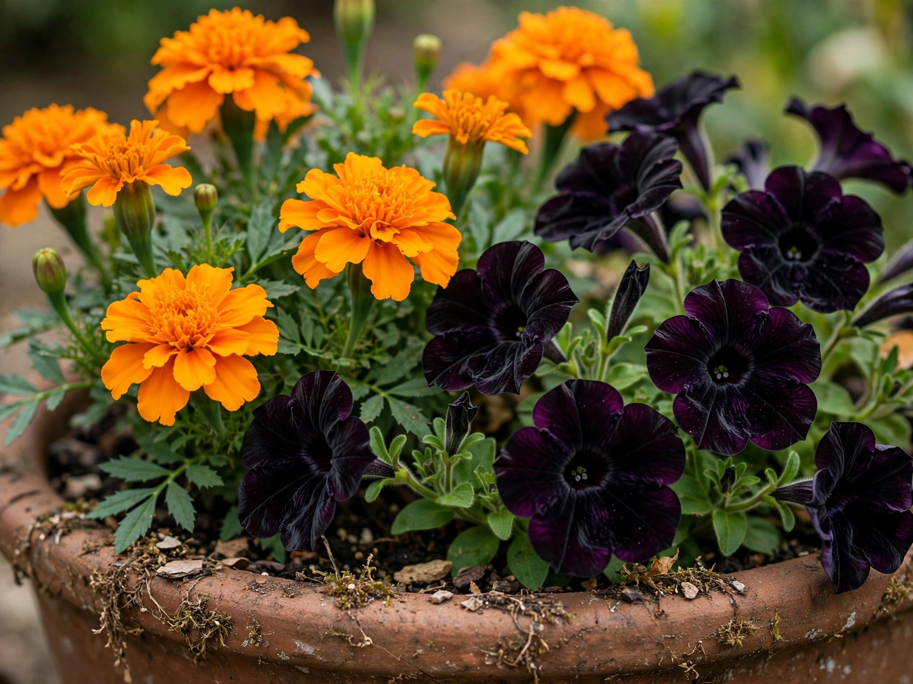 Halloween Porch Decor: 10 Orange & Black Plant Combos Marigold Blaze and Black Petunia