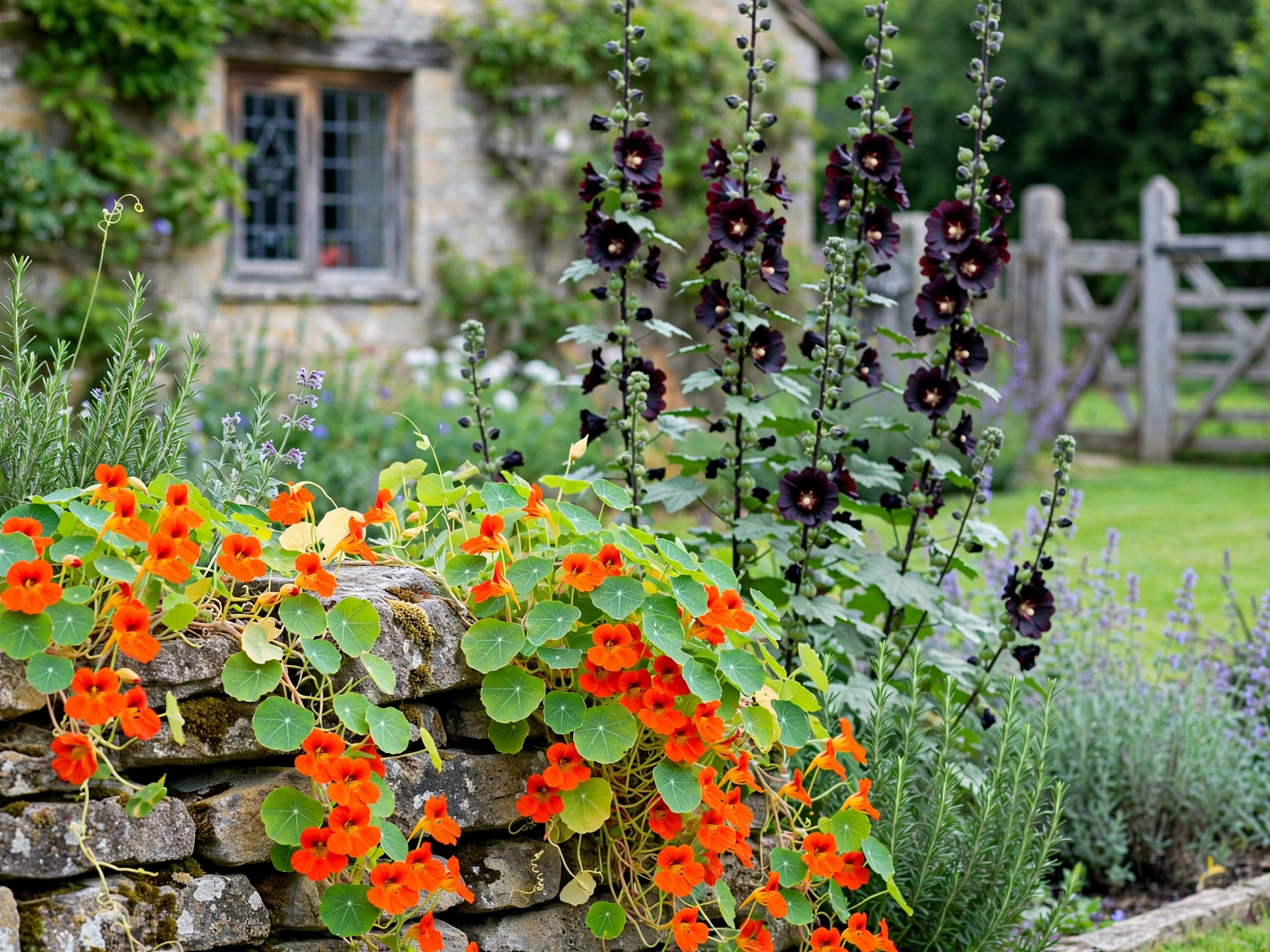 Halloween Porch Decor: 10 Orange & Black Plant Combos Orange Nasturtiums and Black Hollyhock