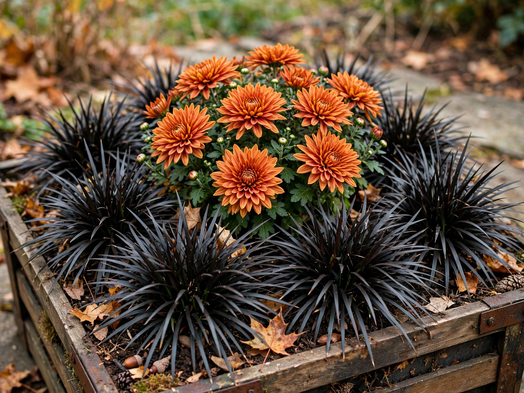 Halloween Porch Decor: 10 Orange & Black Plant Combos Orange Mums and Black Mondo Grass