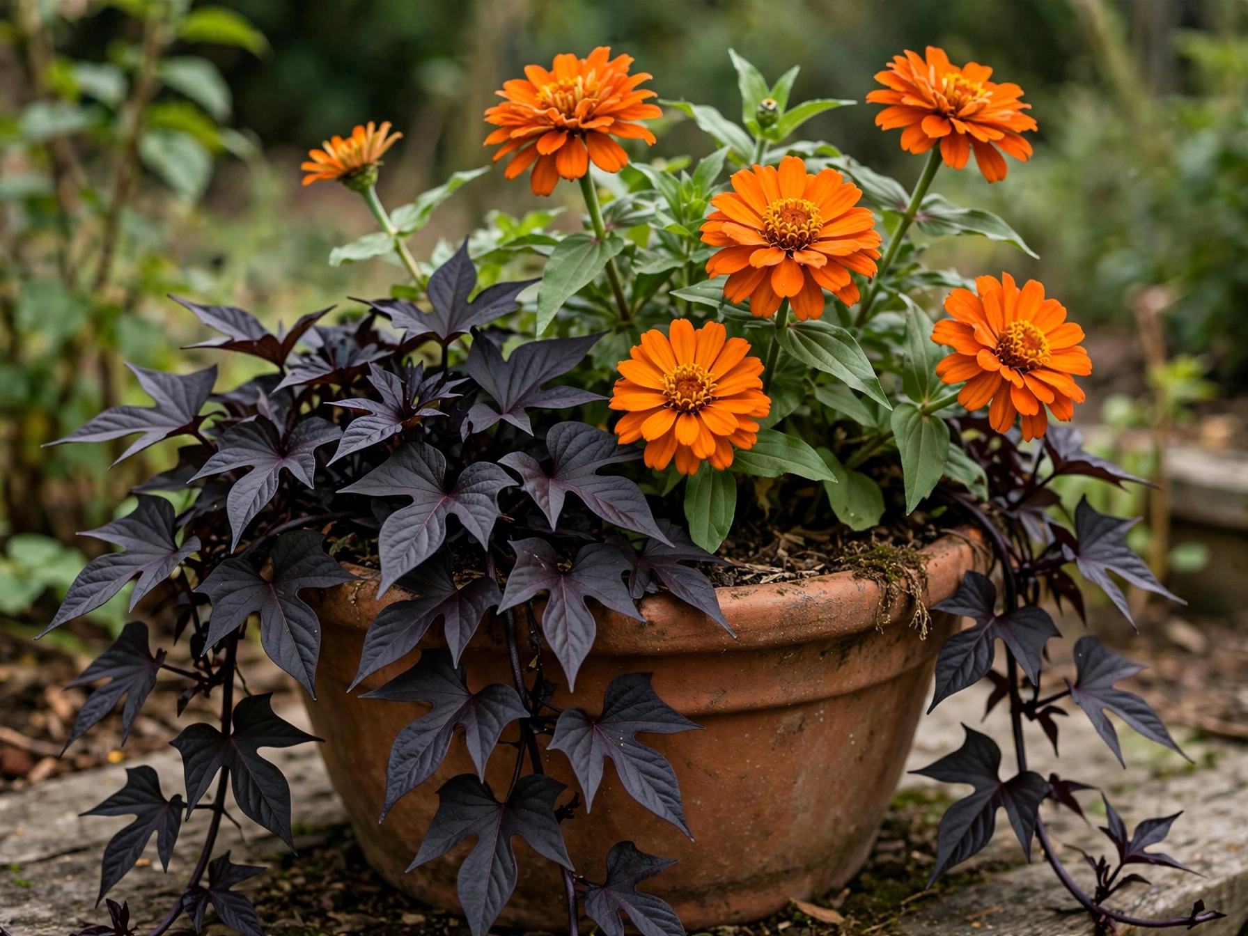 Halloween Porch Decor: 10 Orange & Black Plant Combos Orange Zinnias and Black Sweet Potato Vine