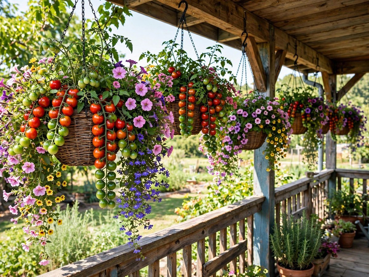 Hanging baskets with cherry tomatoes on a sunny porch