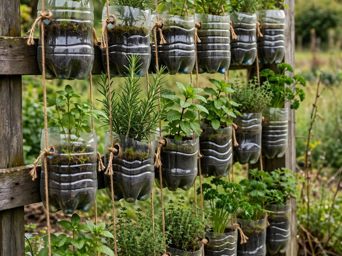DIY Vertical Garden Projects Plastic bottles cut and hung as planters in a vertical bottle garden