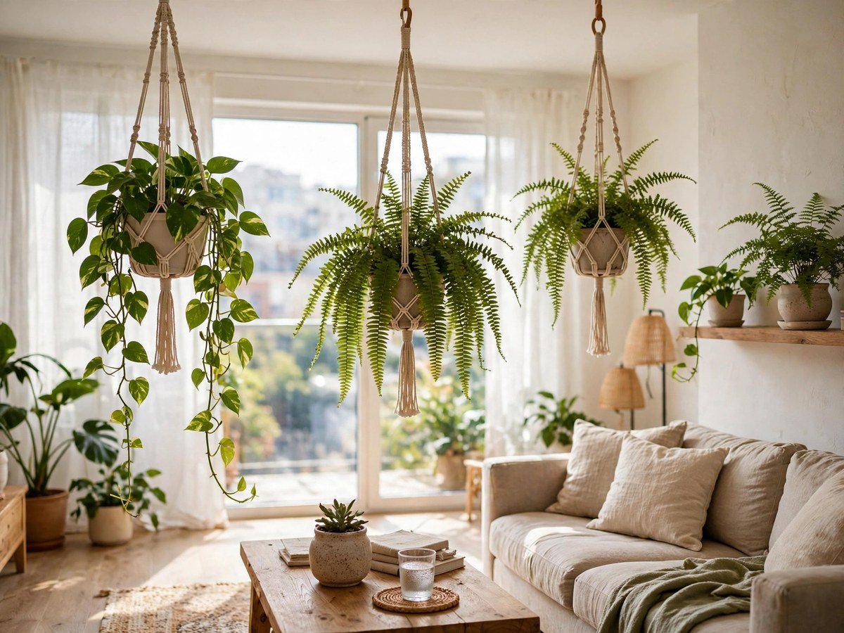 Trailing plants in hanging planters in a bright apartment room