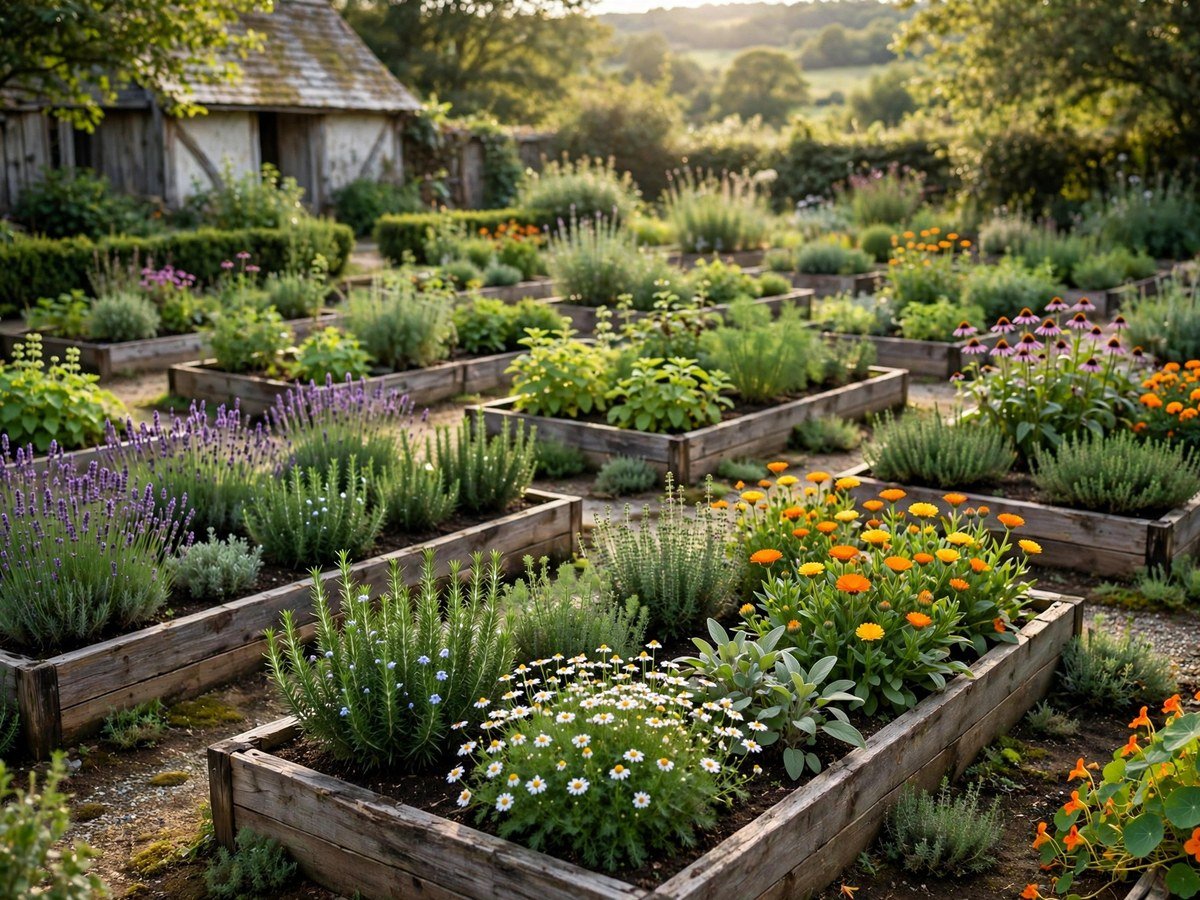 Home apothecary garden with rows of healing herbs in wooden raised beds
