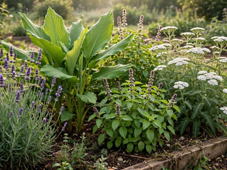 Lush medicinal herb garden with lavender, turmeric, holy basil and yarrow