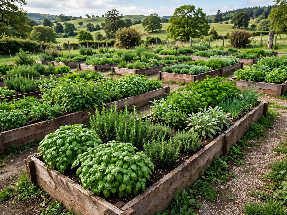 Herbal Garden Ideas 2026 Lush herb garden with neat rows of green herbs in raised beds