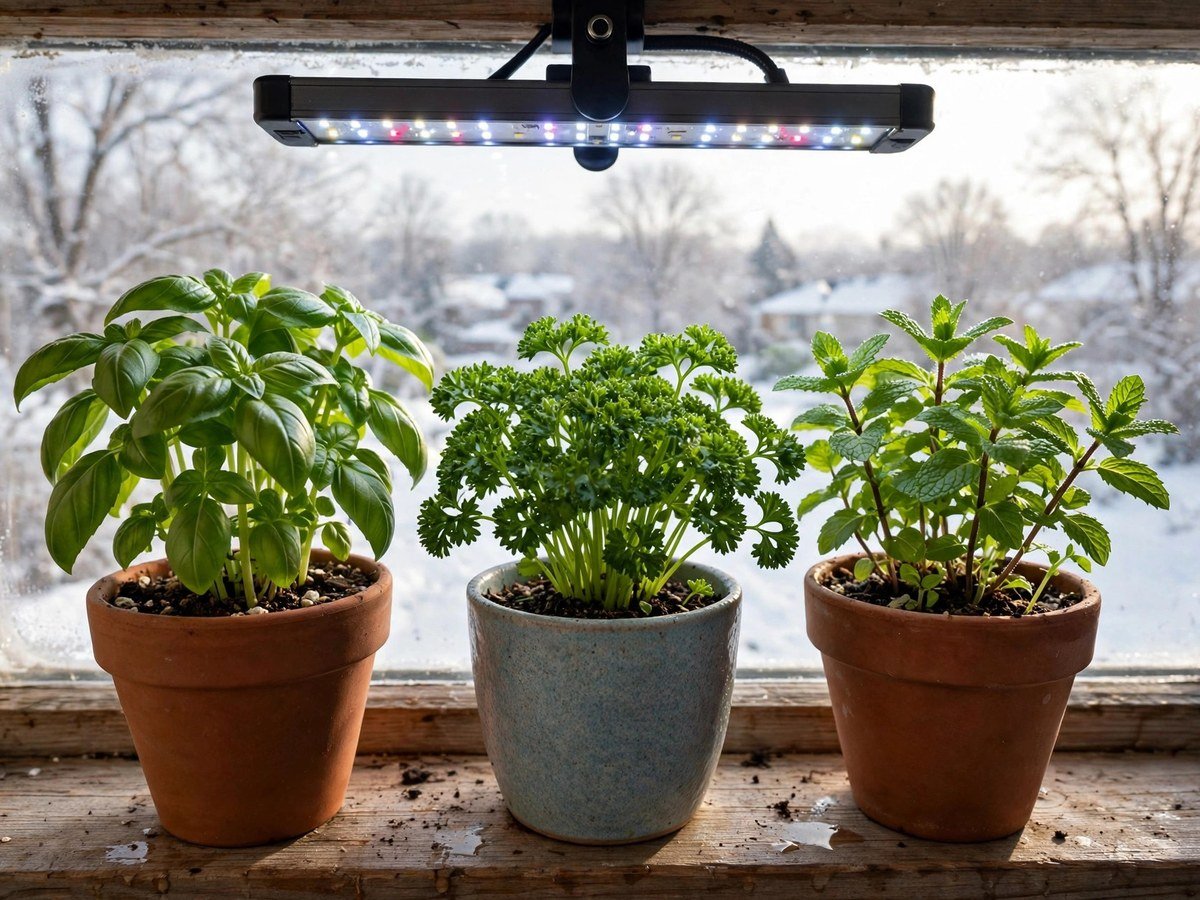 Winter Indoor Gardening with Grow Lights Potted basil, parsley and mint herbs growing on a windowsill under a small LED grow light