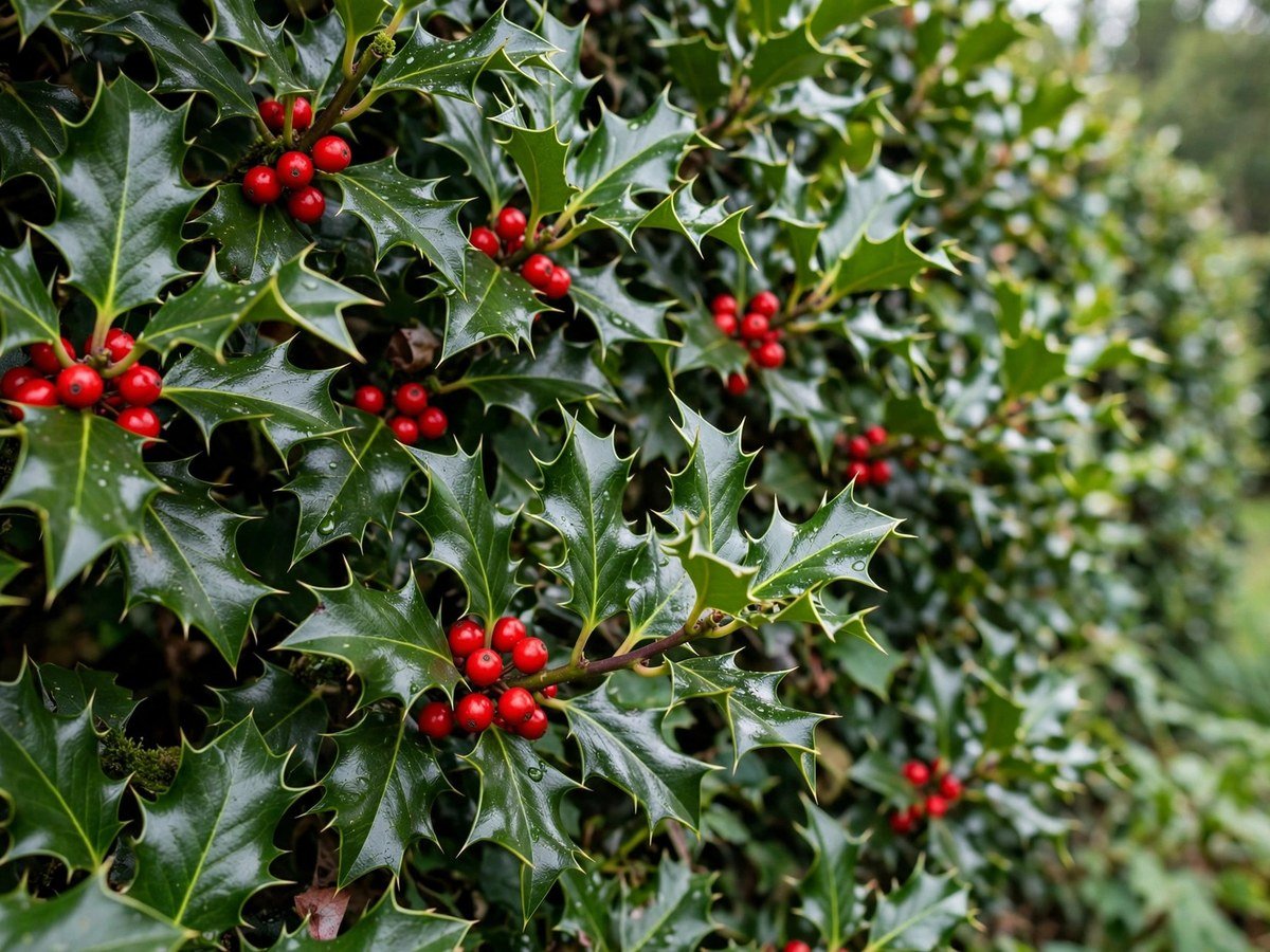 Holly hedge with glossy green leaves and bright red berries
