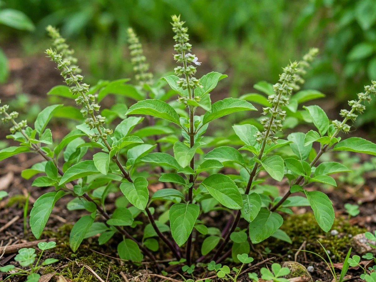 Holy basil tulsi plants with green leaves and flower spikes in a garden