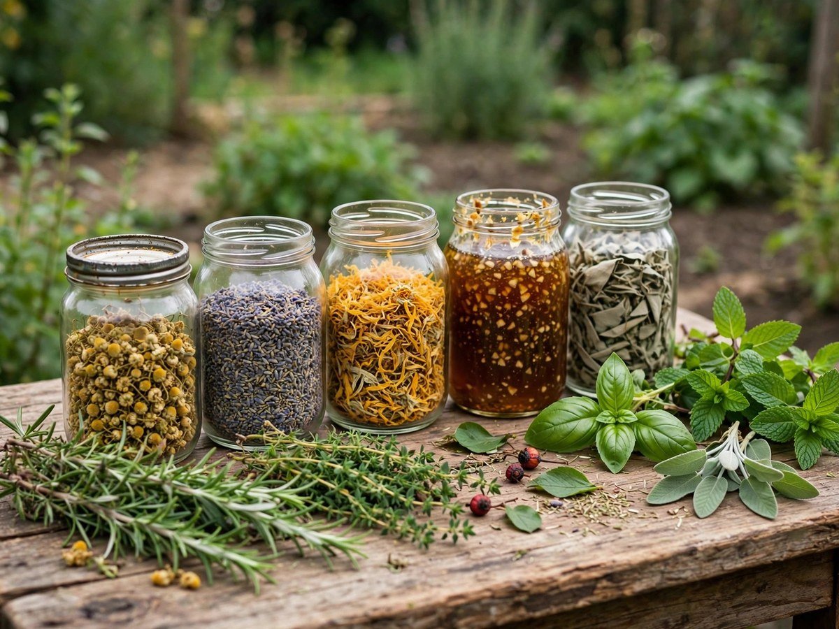 Homegrown Herbal Remedies Glass jars of homemade herbal remedies with fresh garden herbs