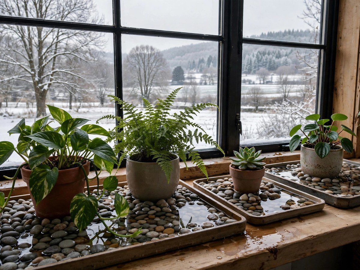Winter Indoor Gardening with Grow Lights Houseplants on pebble humidity trays filled with water near a bright winter window
