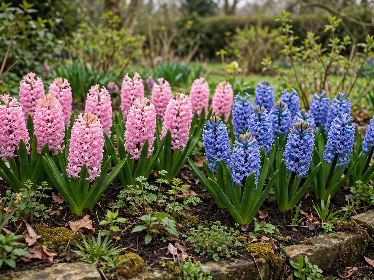 Fragrant pink and blue hyacinth flower spikes in a spring garden bed
