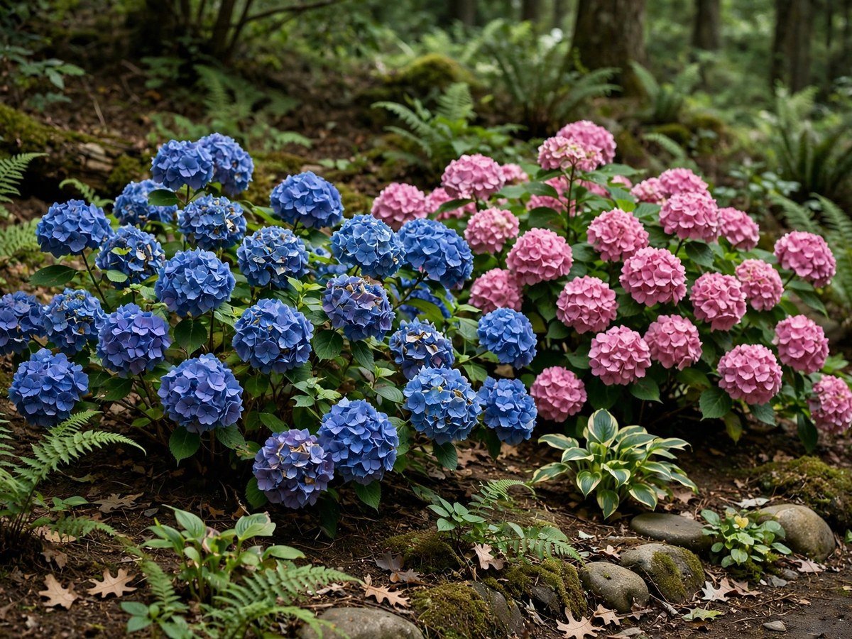 Best Flowering Plants for Every Garden Blue and pink hydrangea blooms in a shady garden bed