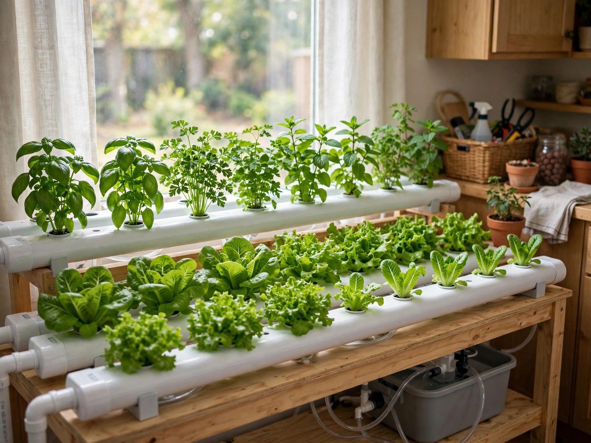 Home hydroponic garden system with healthy green lettuce and herbs