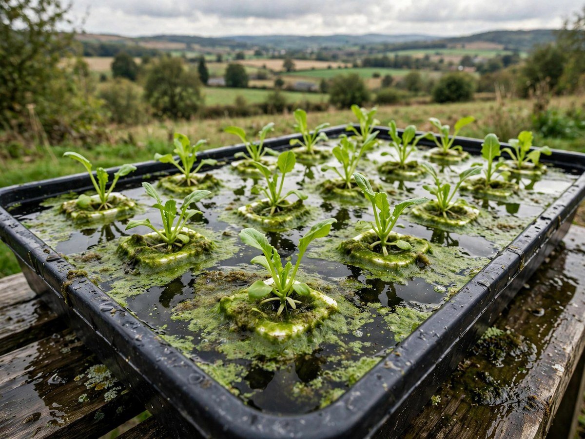 Green algae growing on the surface of a hydroponic grow tray