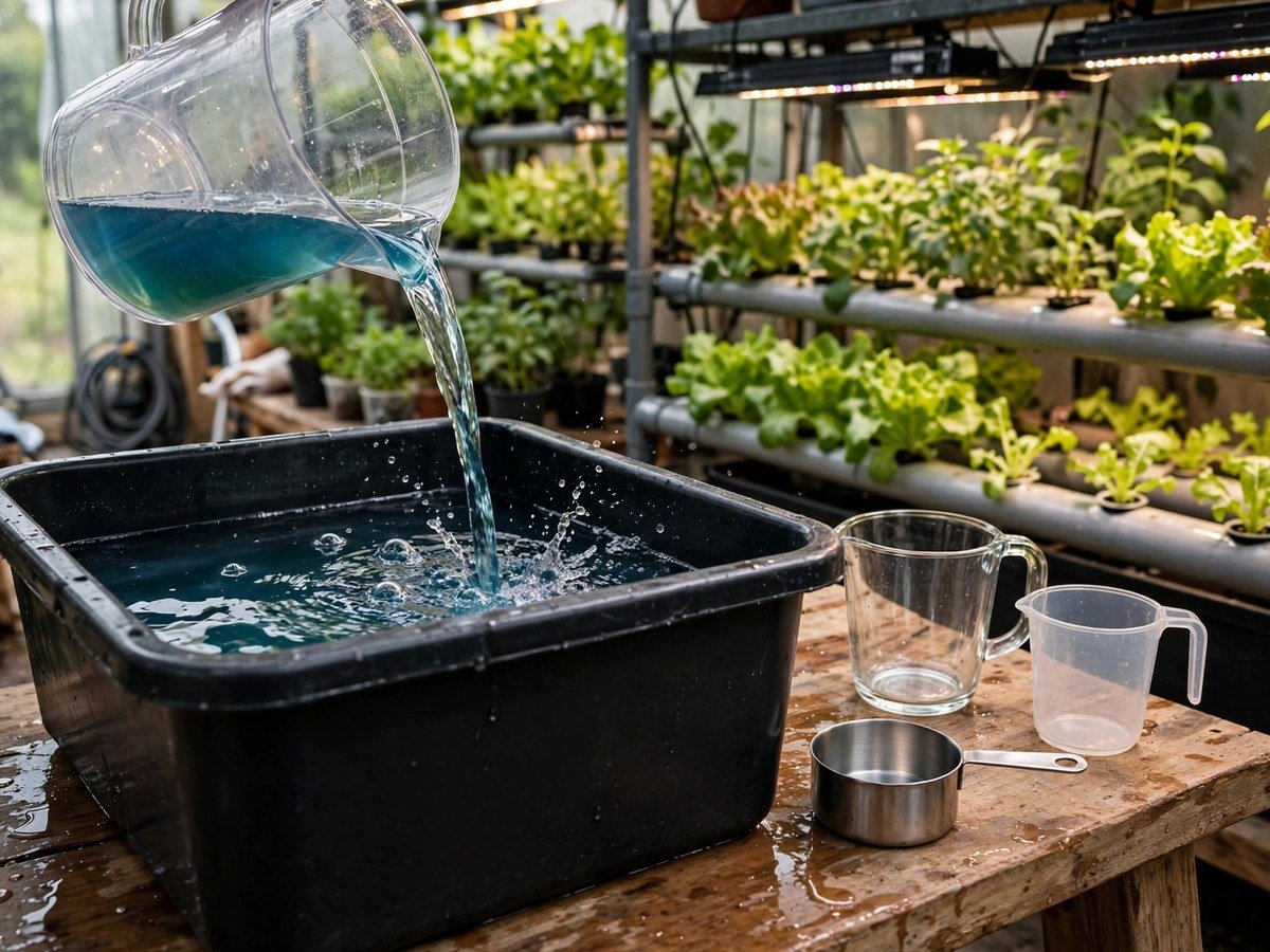 Hydroponic Vegetable Gardening Tips Hydroponic nutrient solution being mixed in a reservoir tank