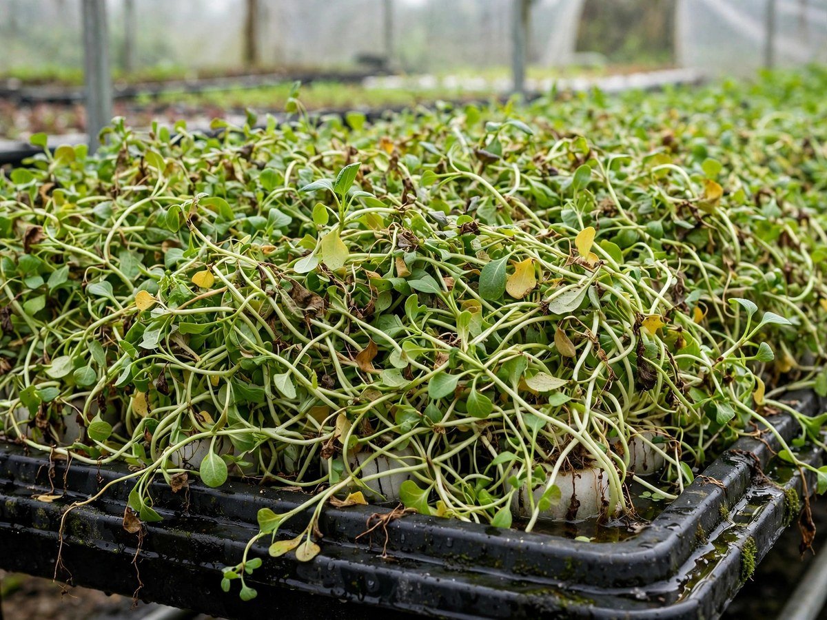 Overcrowded hydroponic seedlings competing in a grow bed