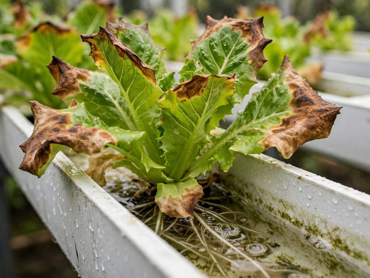 Hydroponic lettuce leaves showing brown tips from nutrient burn
