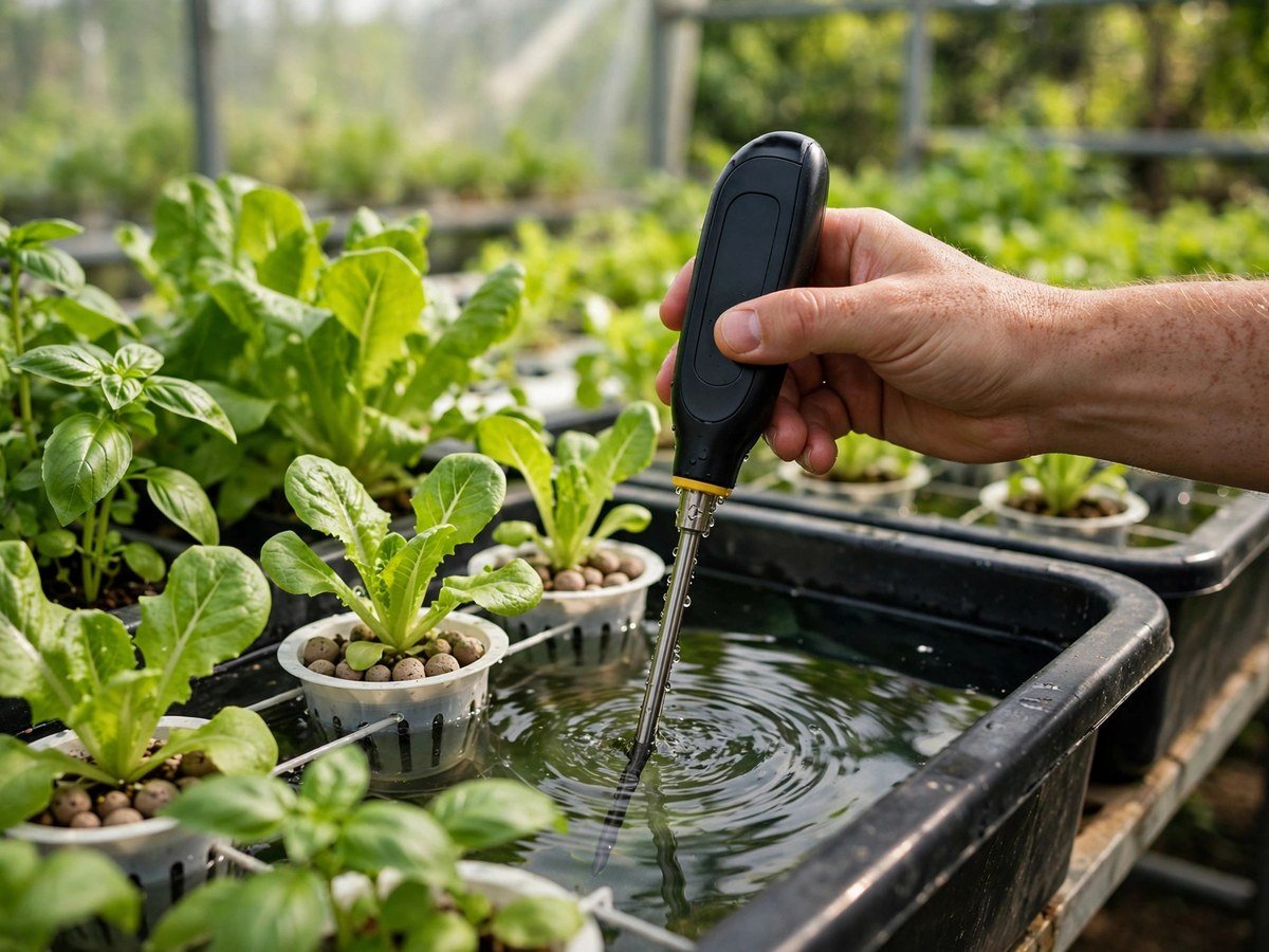 Hand testing hydroponic reservoir water with a digital pH meter