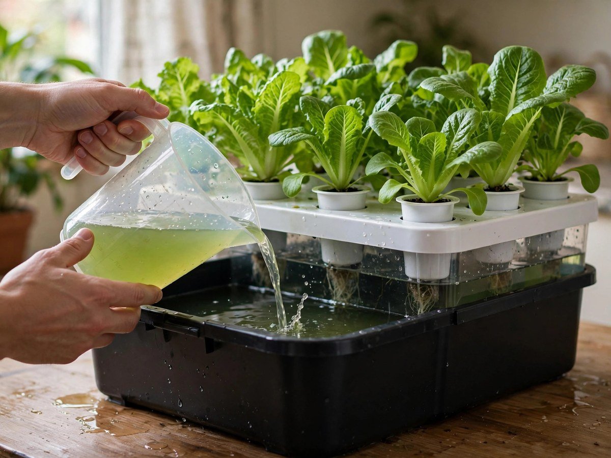 Pouring fresh nutrient solution into a hydroponic reservoir