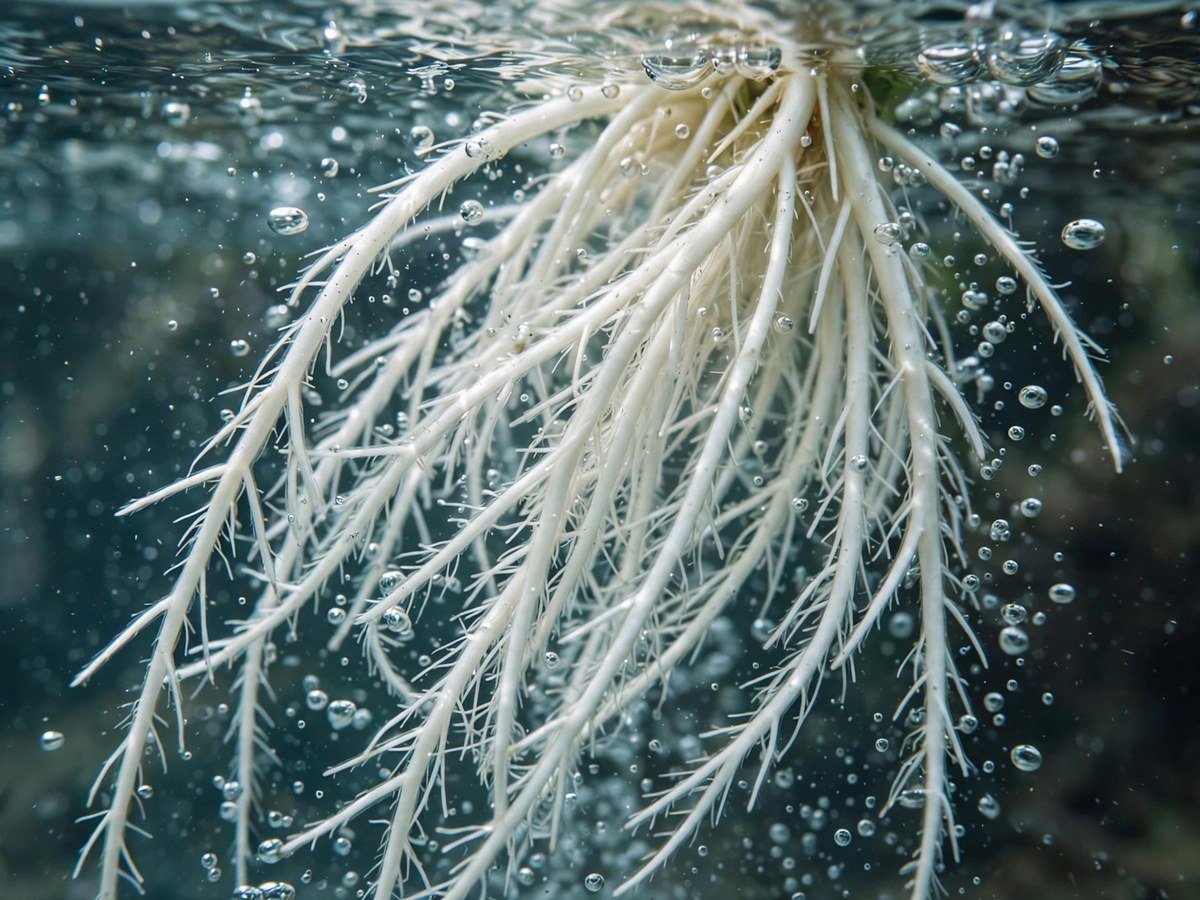 Healthy white hydroponic roots in oxygenated water with air bubbles