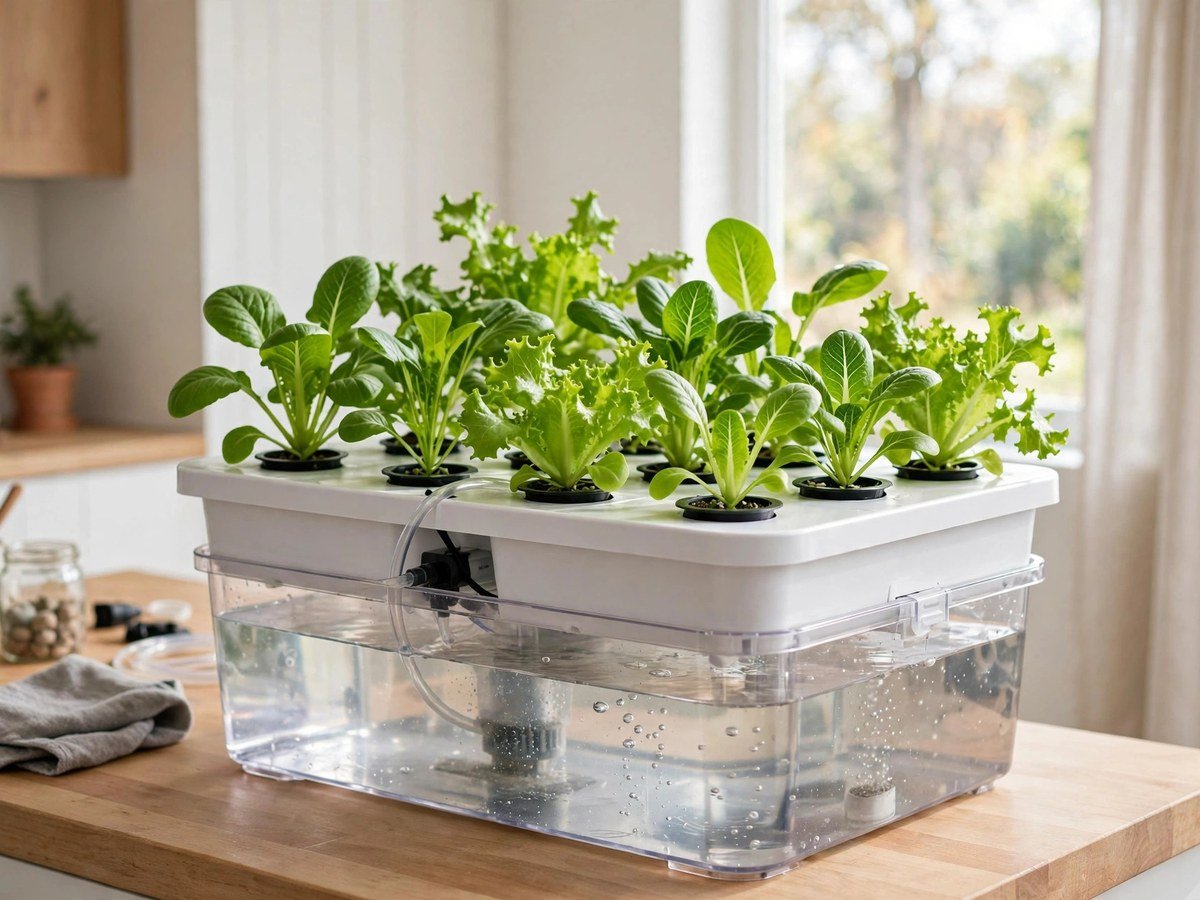 Compact home hydroponic setup with leafy greens growing in net pots