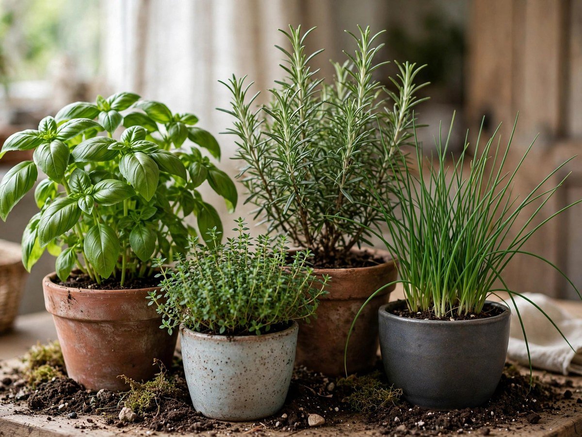 Assorted potted culinary herbs growing together indoors