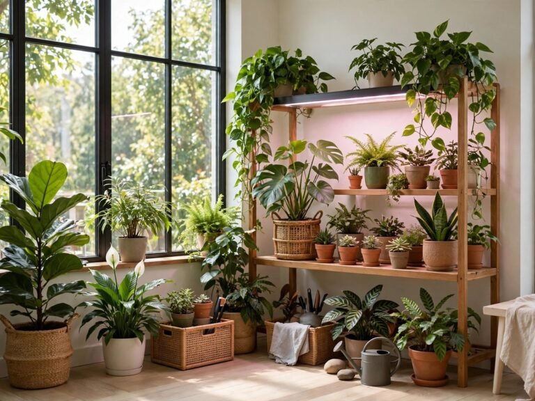 Bright indoor room with thriving houseplants and a glowing grow light