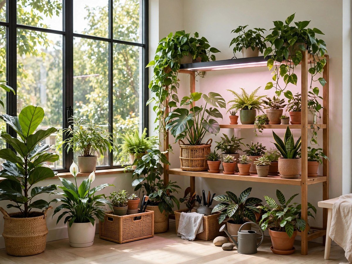 Bright indoor room with thriving houseplants and a glowing grow light