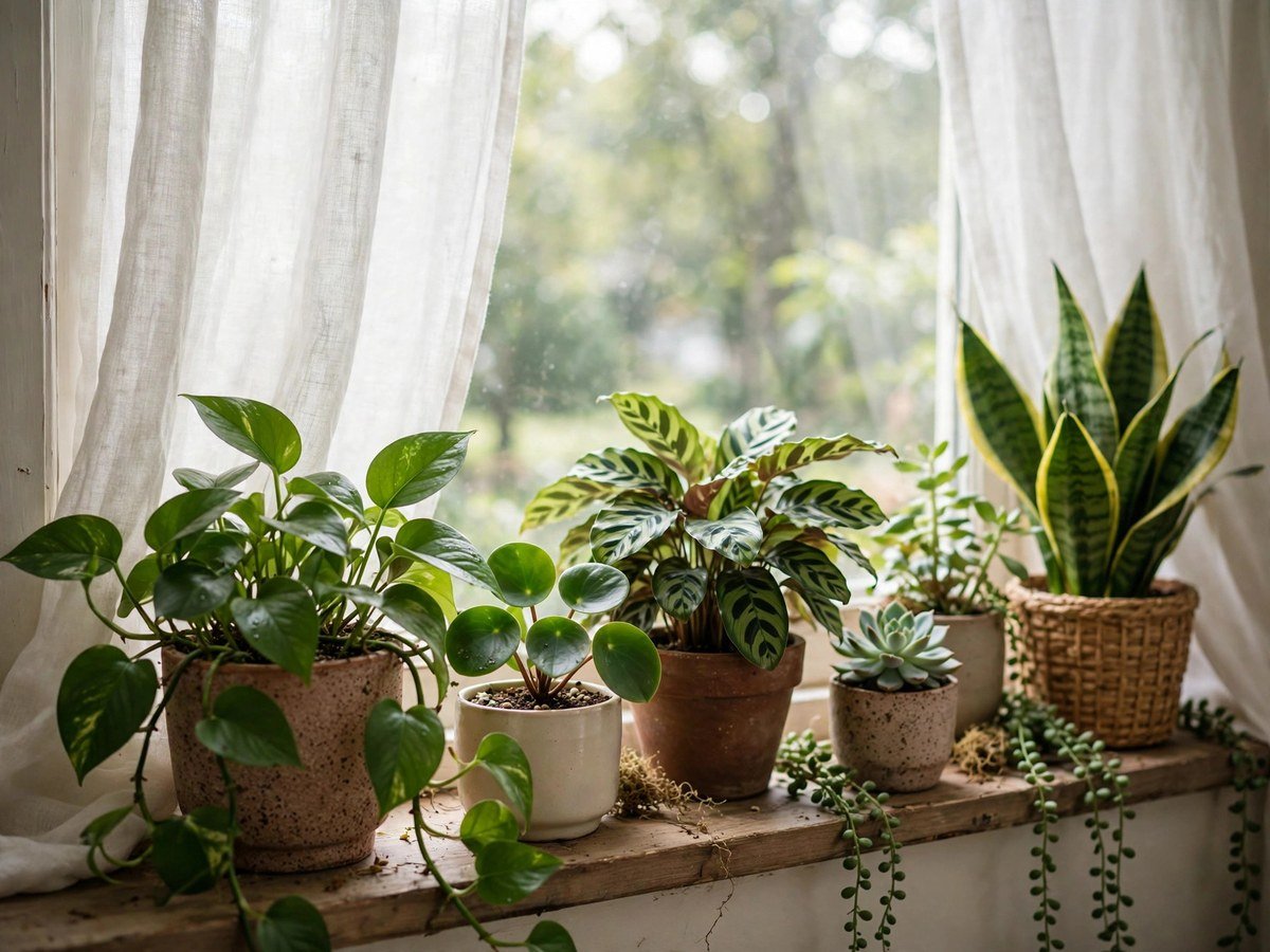 Indoor Plant Lighting Guide Lush houseplants on a windowsill bathed in soft natural daylight