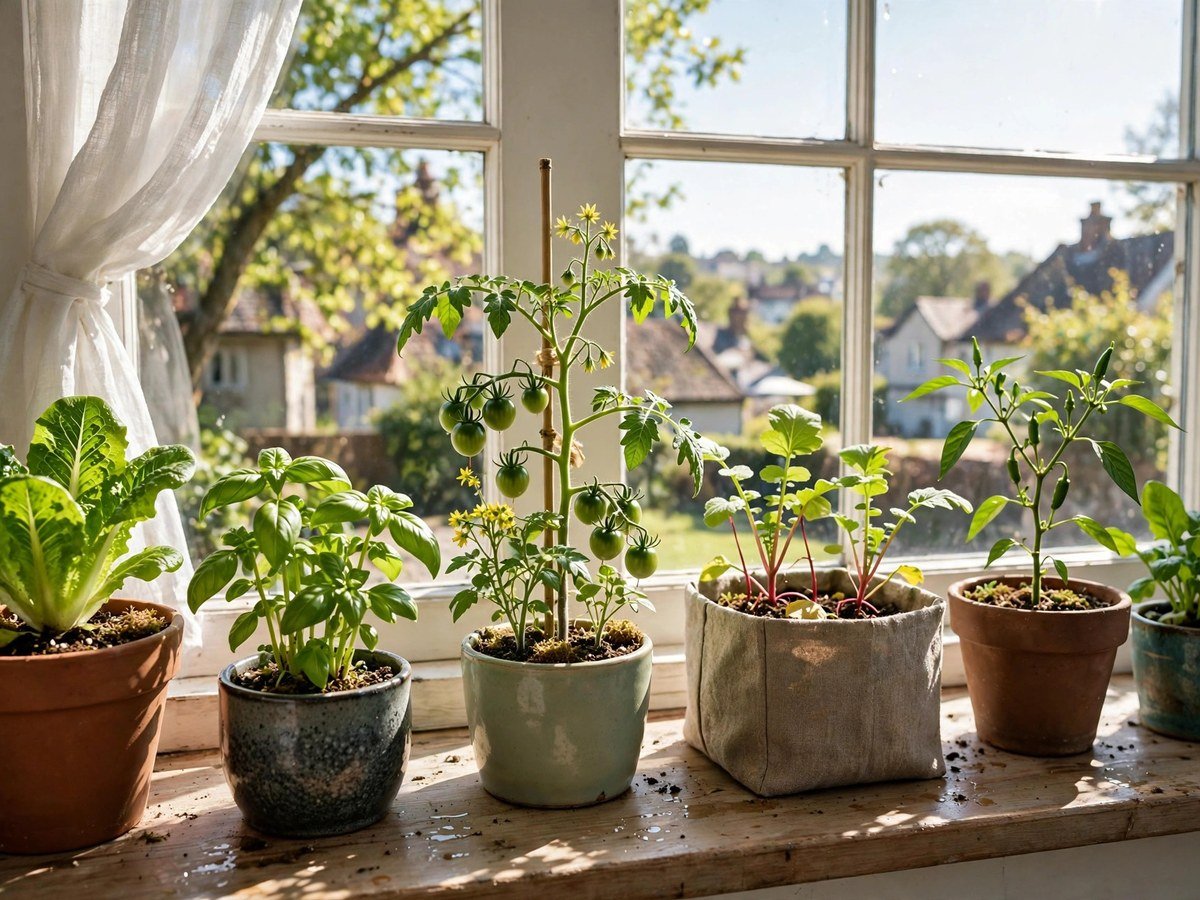 Fresh vegetables growing in pots on a sunny indoor windowsill garden